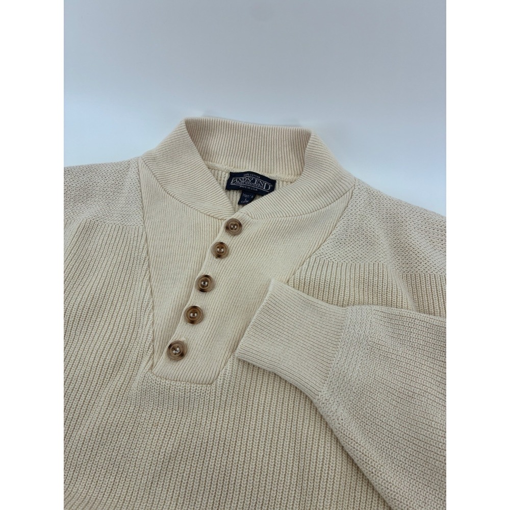 VNTG 80' Lands End 100% Cotton Cream Fatigue Henley Sweater Large Tall USA Made